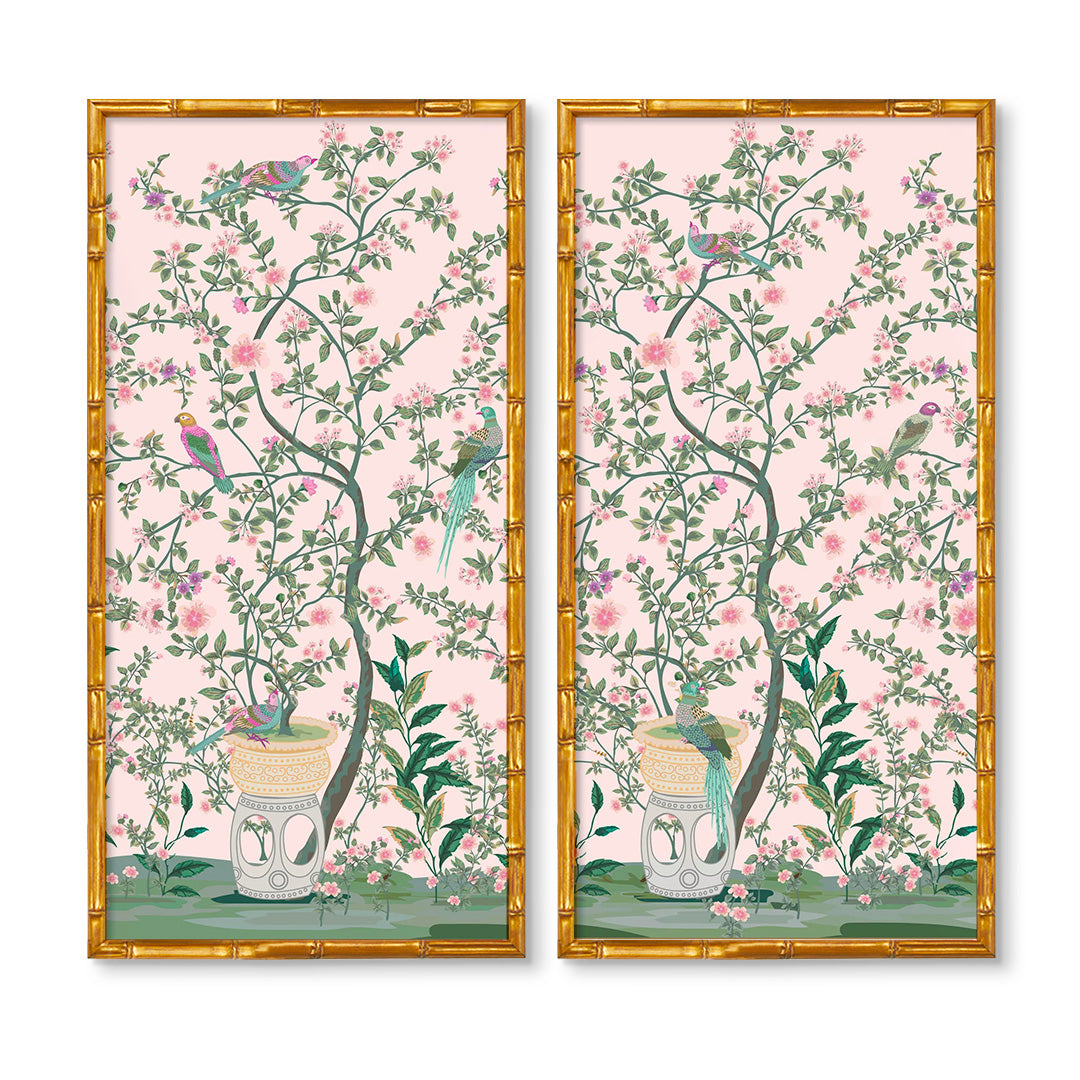 Pair of chinoiserie birds retailer and flowers